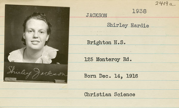 Shirley Jackson - Class of 1938 non-graduate. Student ID card
